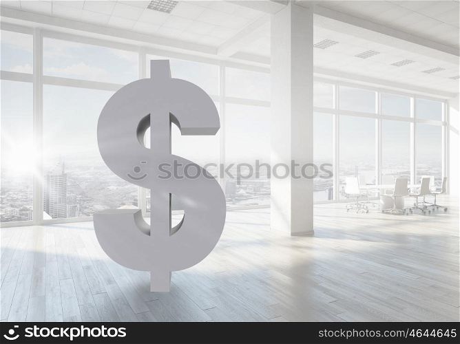 Dollar currency symbol. Big dollar symbol on modern office window background