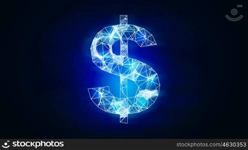 Dollar currency symbol. Digital grid glowing dollar sign on dark background