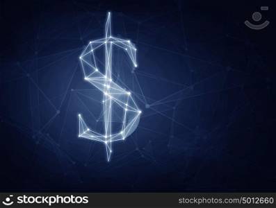 Dollar currency symbol. Digital grid glowing dollar sign on dark background
