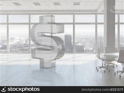 Dollar currency symbol. Dollar currency symbol in modern office white interior