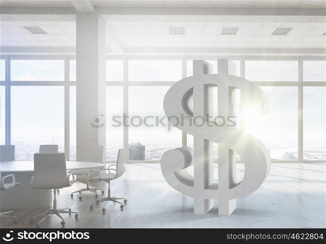 Dollar currency symbol. Elegant office interior with dollar currency symbol
