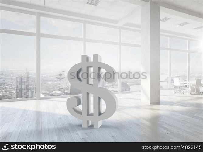 Dollar currency symbol. Elegant office interior with dollar currency symbol