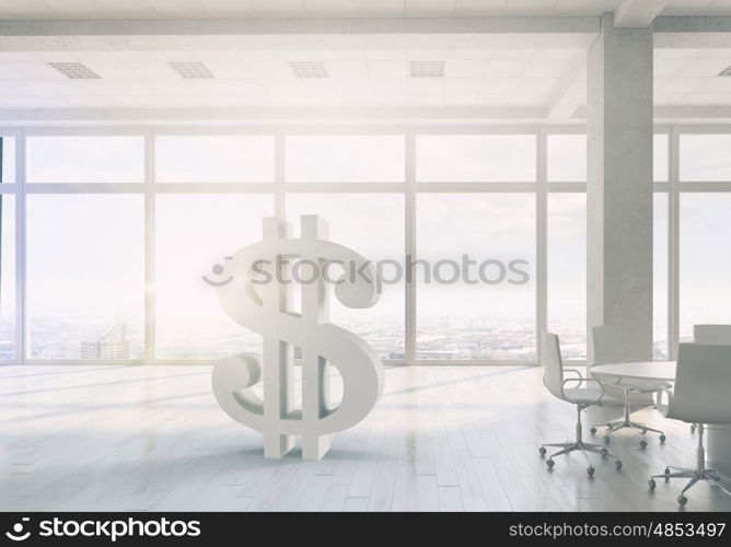 Dollar currency symbol. Elegant office interior with dollar currency symbol