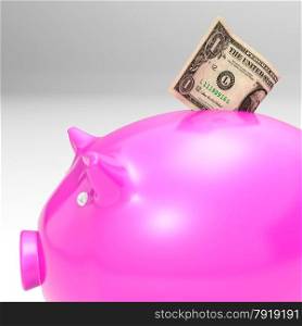 Dollar Entering Piggybank Showing Savings And American Incomes
