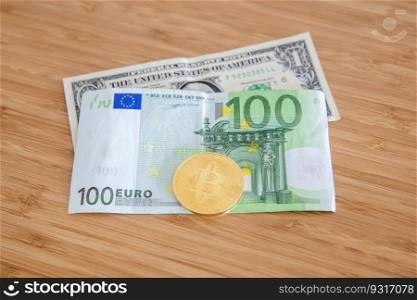 Dollar, euro and bitcoin banknote on the table