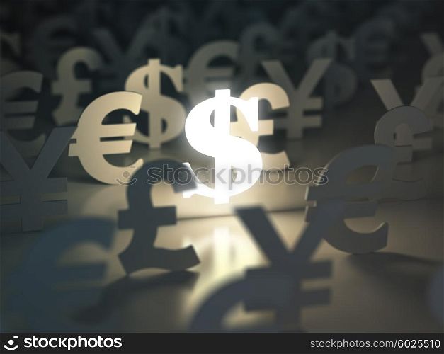Dollar, euro, pound and yen signs. ?urrency exchange concept. 3d