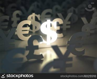 Dollar, euro, pound and yen signs. ?urrency exchange concept. 3d