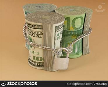 Dollar, euro, ruble on lock. 3d