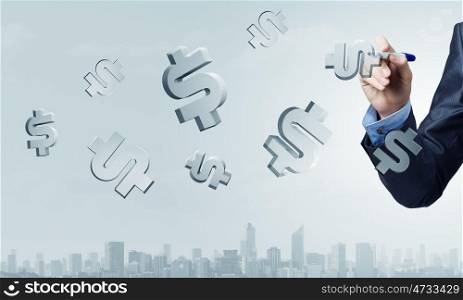 Dollar glass sign. Businessman selecting with marker glass dollar sign on screen