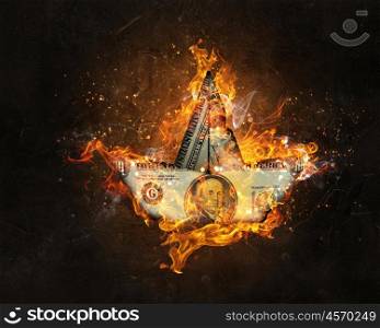 Dollar in fire flames. Burning dollar ship on dark background as symbol of bankruptsy