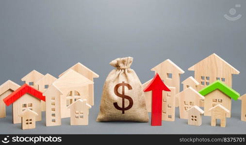 Dollar money bag and a city of house figures and red up arrow. Recovery and growth in property prices, high demand. Increase in rent. Increase in revenues to municipal budget. Investments.