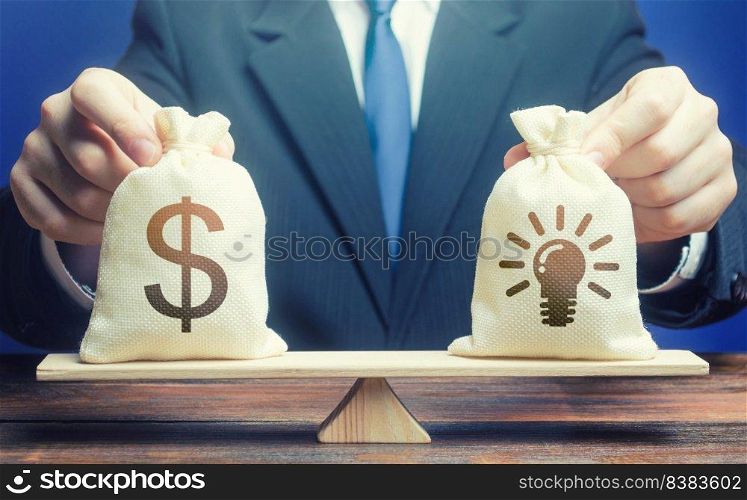Dollar money bag and ideas patents. Buying a startup. Invest in promising companies, technologies. Stimulating development of innovative business, scientific progress. Educational grants. Brain drain.