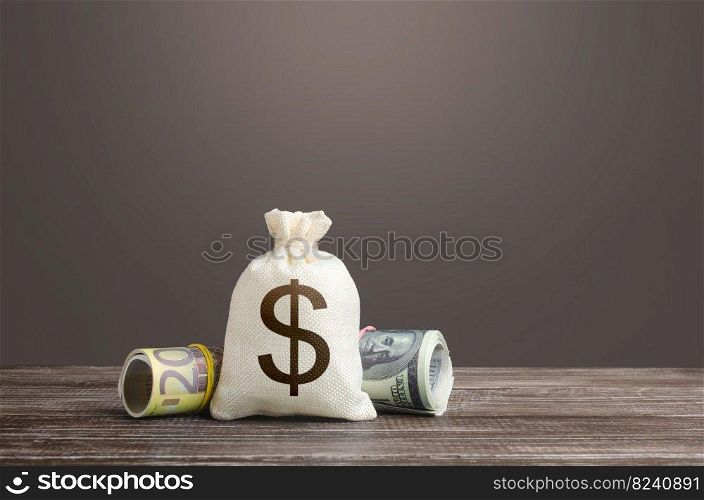 Dollar money bag. Deposits and savings. Loans and credits, mortgage. Economics and currency exchange, stock market. Funding and grants. Banks and finance. Investments, fundraising. Dollar and euro.