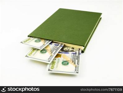 dollar money banknotes and book, school fee, budget and business concept