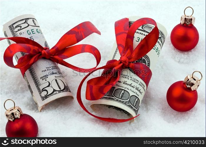 dollar money bills than money gift with ribbon. money for shopping