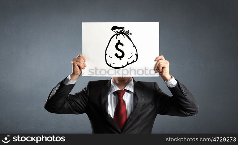 Dollar money concept. Unrecognizable businessman holding paper covering his face presenting money concept