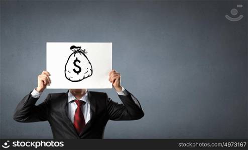 Dollar money concept. Unrecognizable businessman holding paper covering his face presenting money concept