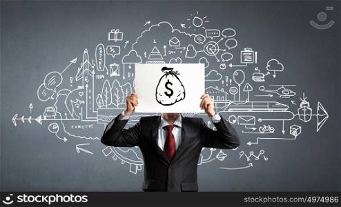 Dollar money concept. Unrecognizable businessman holding paper covering his face presenting money concept