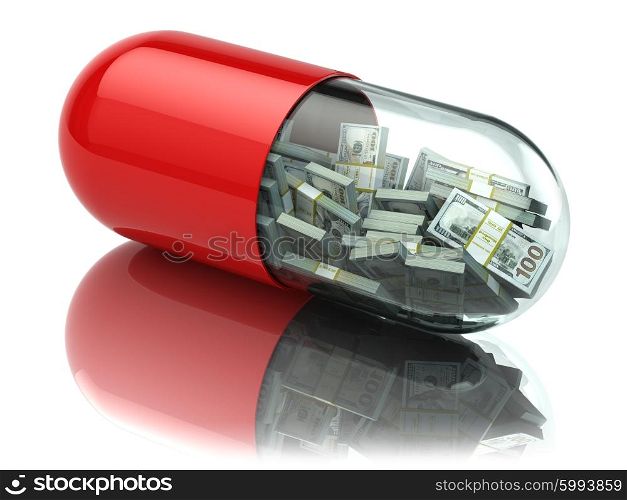 Dollar packs in the capsule, pill. Healthcare costs or financial aid concept. 3d