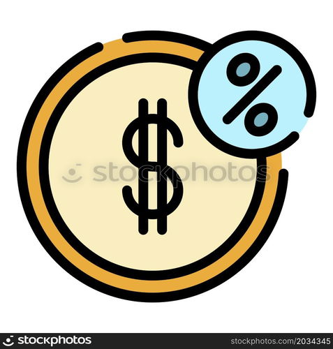 Dollar percent coin icon. Outline dollar percent coin vector icon color flat isolated. Dollar percent coin icon color outline vector