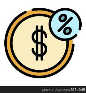 Dollar percent coin icon. Outline dollar percent coin vector icon color flat isolated. Dollar percent coin icon color outline vector