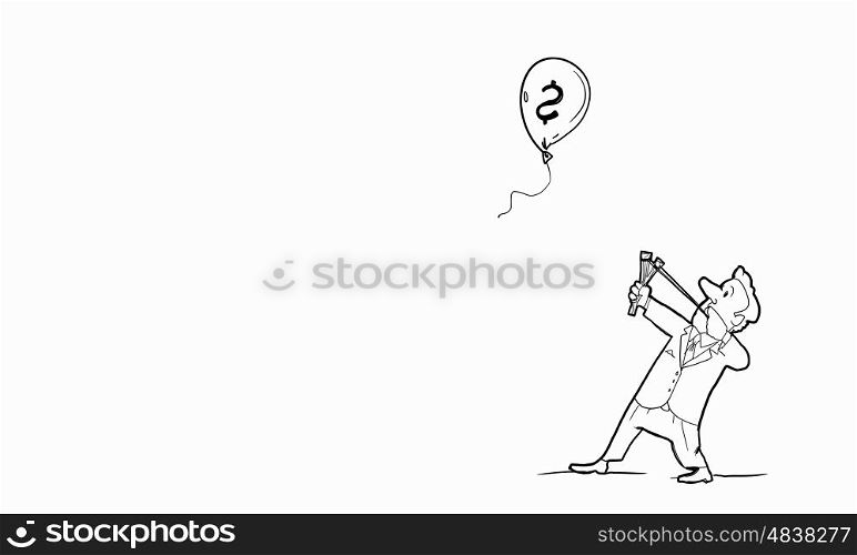 Dollar rise. Caricature of businessman shooting in flying dollar balloon