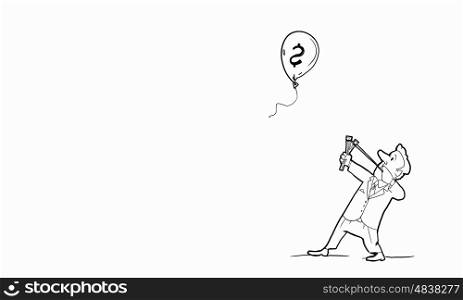 Dollar rise. Caricature of businessman shooting in flying dollar balloon