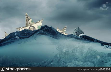 Dollar ship in water. Ship made of dollar banknote floating in water