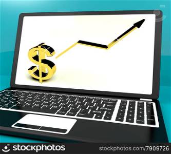 Dollar Sign And Up Arrow On Computer For Earnings Or Profit. Dollar Sign And Up Arrow On Computer Shows Earnings Or Profit