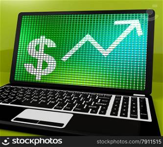 Dollar Sign And Up Arrow On Laptop For Earnings Or Profit. Dollar Sign And Up Arrow On Laptop Shows Earnings Or Profit