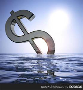 Dollar sign concept icon means lots of funds or savings. Rich with to cash in dollars - 3d illustration. Dollar Sinking And Sun Showing Depression Recession And Economic Downturn