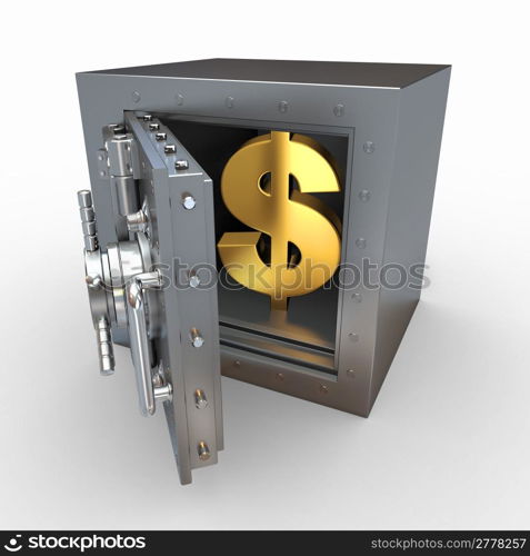 Dollar sign in vault on white isolated background. 3d