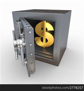 Dollar sign in vault on white isolated background. 3d