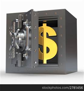 Dollar sign in vault on white isolated background. 3d