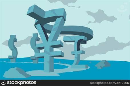 Dollar sign lying on a yen sign and a pound symbol in the sea