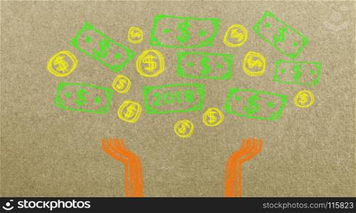 Dollar sign symbol falling down with hands waiting. Idea 2018, Easy brush illustration paint on brown paper textures background.