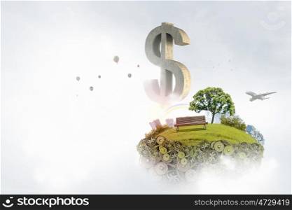Dollar stone sign. Financial concept with stone dollar symbol and flying island