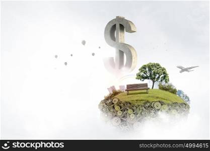 Dollar stone sign. Financial concept with stone dollar symbol and flying island