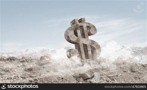 Dollar stone sign. Financial concept with stone dollar symbol on natural landscape