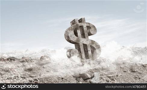 Dollar stone sign. Financial concept with stone dollar symbol on natural landscape