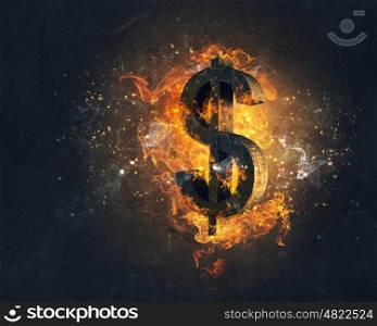 Dollar symbol in fire. Conceptual background image with dollar symbol in fire flames