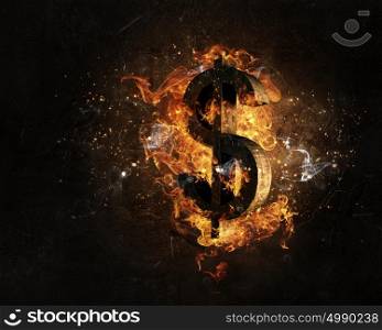 Dollar symbol in fire. Dollar currency sign burning in fire flames on dark background
