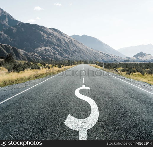 Dollar symbol on endless asphalt road as symbol of financial stability