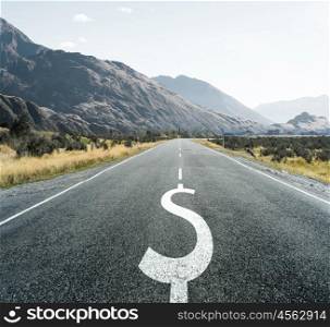 Dollar symbol on endless asphalt road as symbol of financial stability