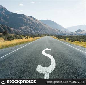 Dollar symbol on endless road, financial background.. Dollar symbol on endless asphalt road as symbol of financial stability