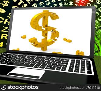 . Dollar Symbol On Laptop Shows Online Currency Exchange And American Incomes