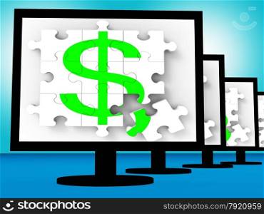 Dollar Symbol On Monitors Shows American Currency Or Revenue