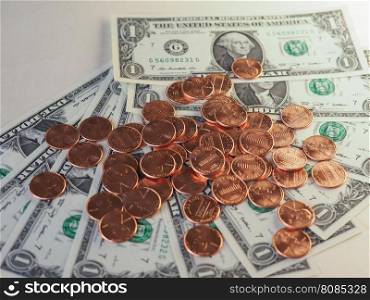 Dollar (USD) notes and coins, United States (USA). Dollar (USD) banknotes and coins, currency of United States (USA)