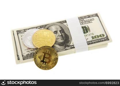 Dollars and bitcoins isolated over white background