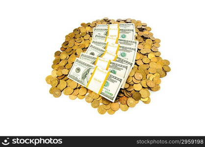 Dollars and coins isolated on the white background